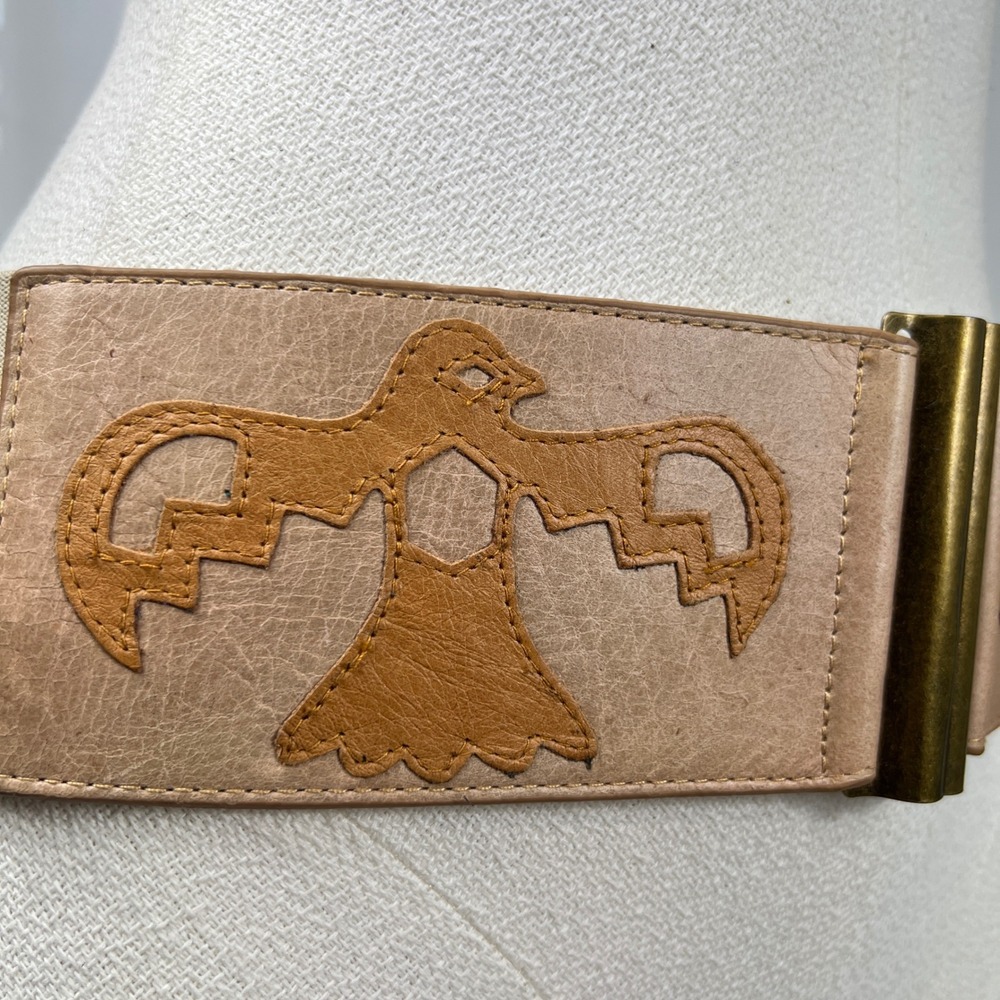 Womens Tan Elastic Cinch Waist Belt Brass Buckle Southwestern Boho Festival - Picture 5 of 9